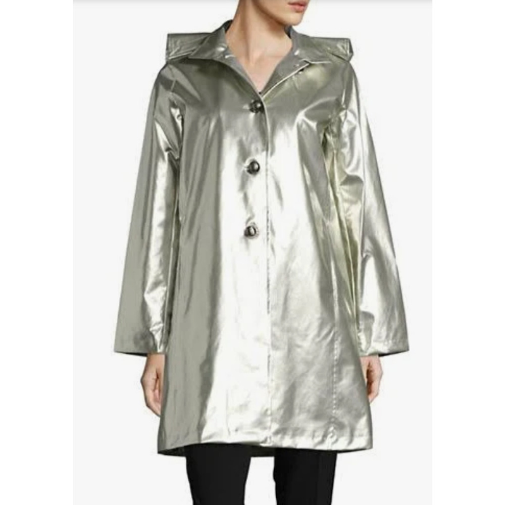 NWT JANE POST ICONIC METALLIC PEARL PRINCESS RAIN SLICKER COAT JACKET SZ M
